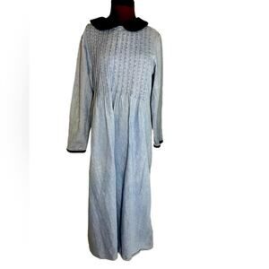 Vtg 90s Denim Velvet Collar Pleated Midi Ankle Dress Size 14P Boho Feminine